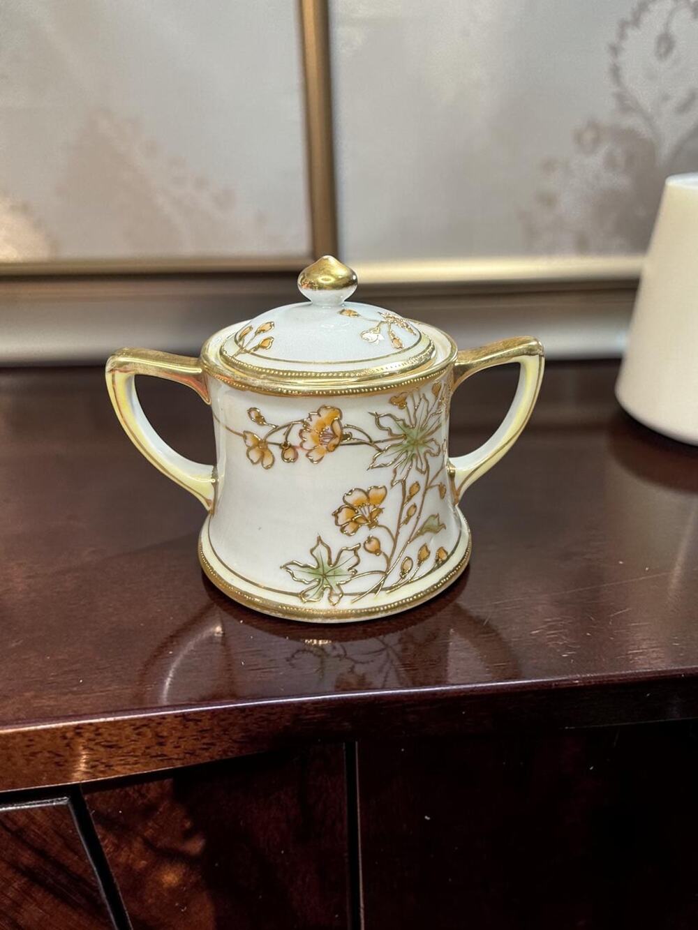 Antique Nippon Morimura Lidded Sugar Bowl Hand Painted Gold Moriage